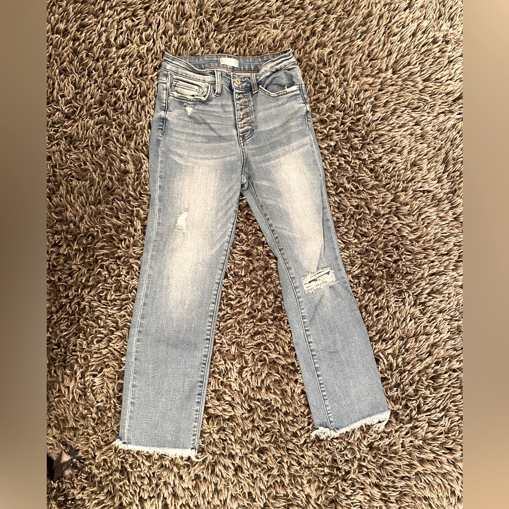 straight leg stretchy button fly jeans